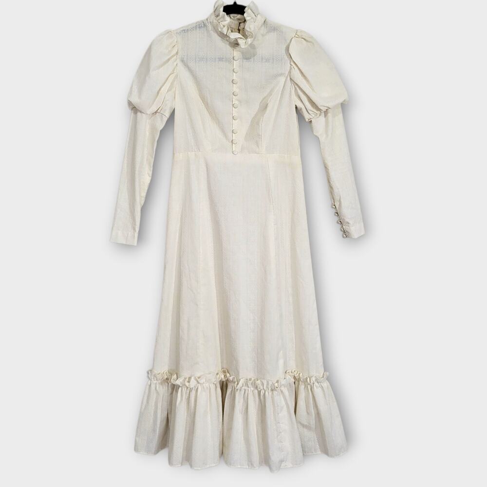 Vintage Handmade Midi Prairie Dress Womens XXS / XS Cottage Ruffle Puff Sleeve